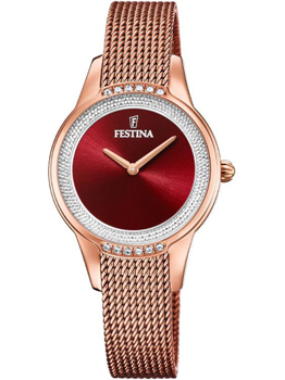 Festina dameur med rød urskive, dekorative sten og flettet metalrem i matchende farve.