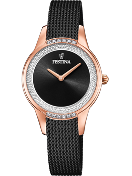 Elegant Festina dameur med stenindlagt urkasse, sort mesh-rem, gyldne visere og skive med logo.