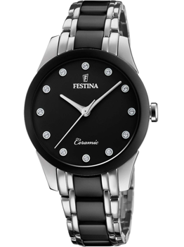 Sort urskive, sølv timeindikatorer, sølv/sort lænke, "Festina" og "Ceramic" på urskiven.