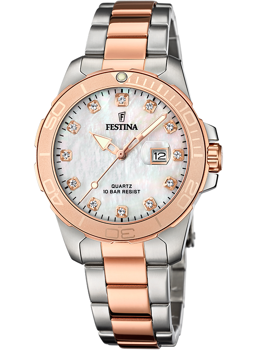 Festina dameur med sølv/rosaguld rem, stenmarkeringer, datovisning kl. 3, talmarkeringer på bezel.