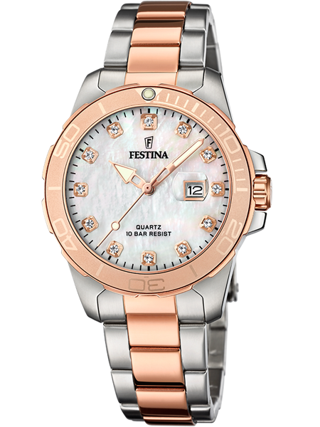 Festina dameur med sølv/rosaguld rem, stenmarkeringer, datovisning kl. 3, talmarkeringer på bezel.