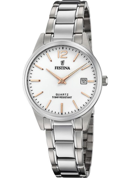 Festina dameur med sølvrem, hvid urskive, guldfarvede markeringer og dato ved kl. 3.