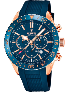 Blåt Festina ur med rosagulddetaljer, tre subdials, keramisk bezel, datovisning mellem kl. 4 og 5.
