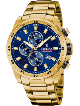 Festina ur med gylden metalkasse, blå urskive, tre subdials, og datoindikator kl. 4.