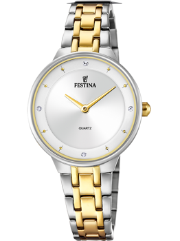 To-tone ur med guld og sølv armbånd, Festina logo, "QUARTZ" tekst og dekorative timeindikatorer.