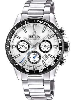 Sølvrem, hvid urskive med tre subdials og tachymeter. Vandafvisende til 10 BAR.