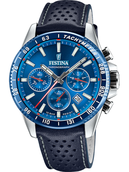 Festina ur med blå skive, 3 sub-dials, datovisning, tachymeter og 10ATM vandtæthed.