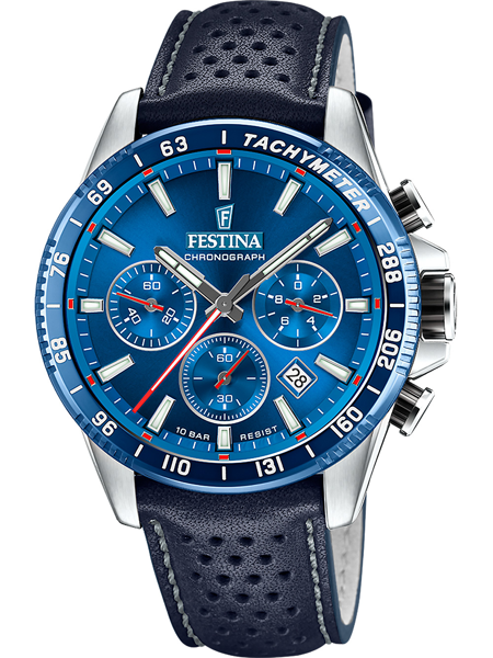 Festina ur med blå skive, 3 sub-dials, datovisning, tachymeter og 10ATM vandtæthed.
