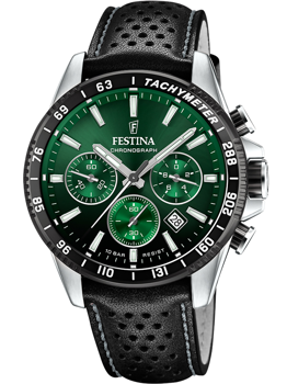 Festina chronograph ur med grøn urskive, tachymeter, subdials og vandtæthed op til 10 bar.