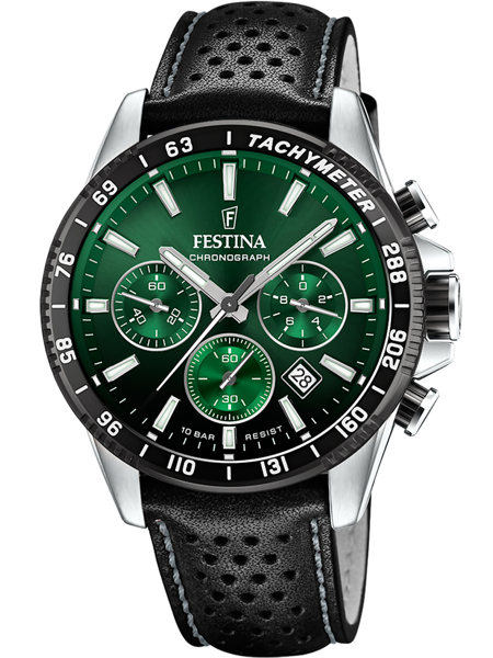 Festina chronograph ur med grøn urskive, tachymeter, subdials og vandtæthed op til 10 bar.
