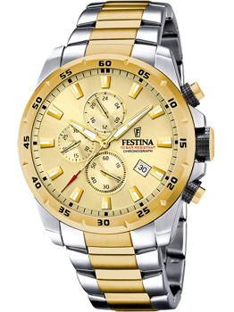 Festina ur i guld/sølv med stor urskive, tre kronografer, dato ved kl. 4, vandtæt 10 ATM.