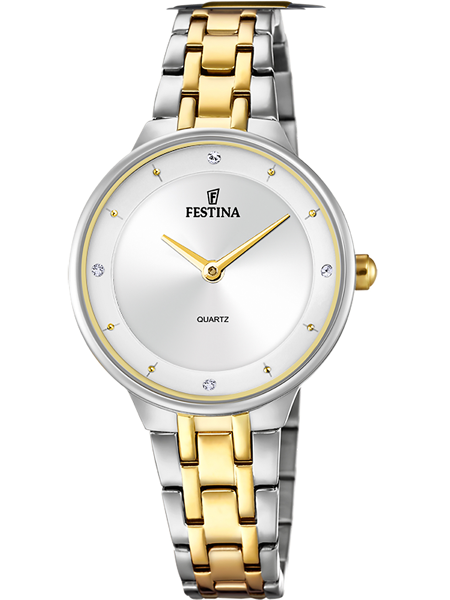 Sølv urskive med guldvisere, krystalmarkeringer, tofarvet sølv-guld armbånd. Tekst: "Festina", "Quartz".