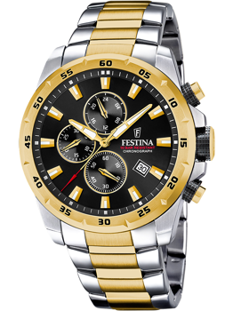 Sort urskive med subdials, guld-sølv urrem, vandtæt 10 ATM. Festina F20562/4 herreur.