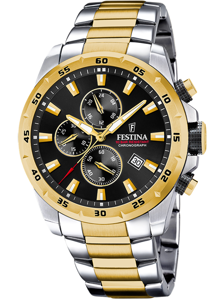 Sort urskive med subdials, guld-sølv urrem, vandtæt 10 ATM. Festina F20562/4 herreur.