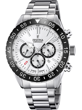 Festina ur med chronograf, sort bezel med minutmarkeringer, metalrem, vandtæt 10 BAR.