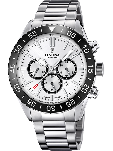 Festina ur med chronograf, sort bezel med minutmarkeringer, metalrem, vandtæt 10 BAR.