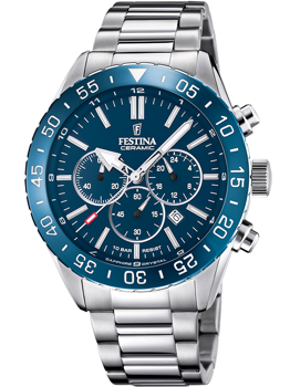 Festina F20575/2 herreur med blå urskive, tre urskiver, stållenke, 10 ATM vandtæthed.