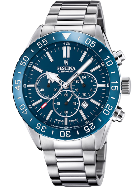 Festina F20575/2 herreur med blå urskive, tre urskiver, stållenke, 10 ATM vandtæthed.