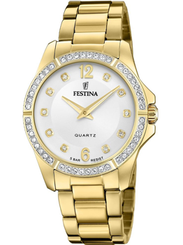 Guldtonet Festina dameur med stenbesat bezel og hvid urskive, vandtæt 5 ATM, tal 12 og 6 fremhævet.
