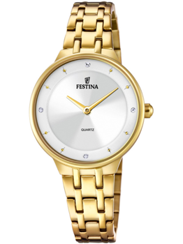 Elegant guldur med rund skive, stenmarkeringer, og teksten "Festina" og "Quartz".