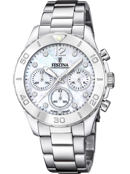 Sølvfarvet Festina dameur med urskive, tre subskiver og klassisk armbånd. Vandtæt op til 10 bar.