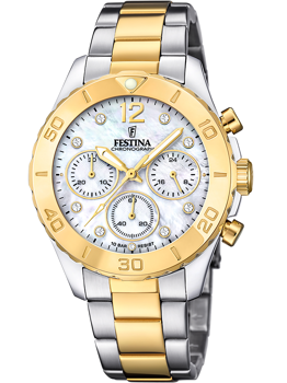 Festina dameur med sølv-guld rem, perlemorsskive, diamantmarkører og tre kronografskiver.