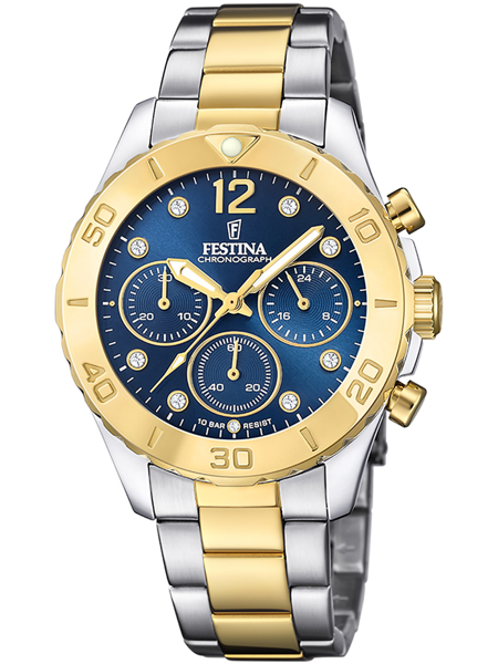 Festina dameur med blå urskive, guld detaljer, tre små urskiver og tofarvet guld-sølv rem.