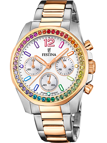 Festina dameur med farverig bezel, tre subdials og vandtæthed på 10 BAR.