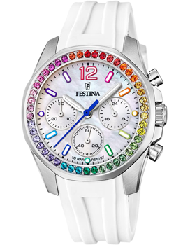 Festina dameur med regnbuefarvet stenramme, tre subdials og hvid rem. Vandtæt til 10 bar.