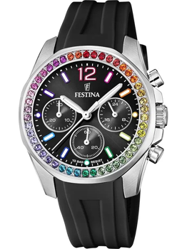 Festina dameur med farverig stenkant, sort skive, tre kronografurskiver, 10 BAR vandtæthed.