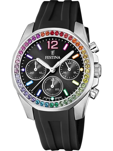 Festina dameur med farverig stenkant, sort skive, tre kronografurskiver, 10 BAR vandtæthed.