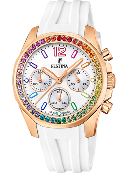 Festina dameur med hvid rem, farvede sten, gylden ramme og tre mindre skiver på urskiven.