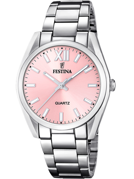 Festina dameur med pink urskive, sølvvisere, timemarkører og metalarmbånd. "QUARTZ" tekst.