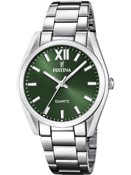 Armbåndsur med grøn urskive, sølvfarvet lænke, og "Festina" samt "Quartz" tekst.