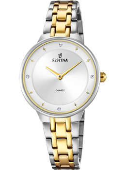 Elegant Festina dameur med tofarvet armbånd, mærketekst og sten ved timepositioner.