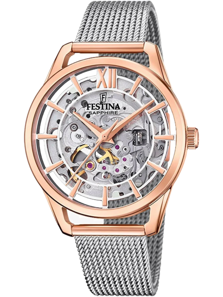 Festina dameur med gennemsigtig urskive, romertal og metalnetrem.