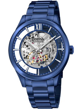 Blå metallic ur med skeletoniseret skive, synlige mekanismer og teksten "Festina" og "Automatic".