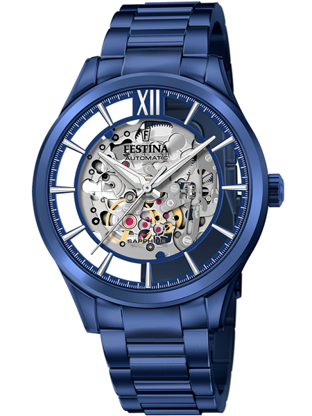 Blå metallic ur med skeletoniseret skive, synlige mekanismer og teksten "Festina" og "Automatic".