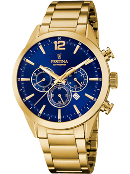 Festina ur med blå urskive, tre sub-dials, guldfarvet urkasse og metalkæde.