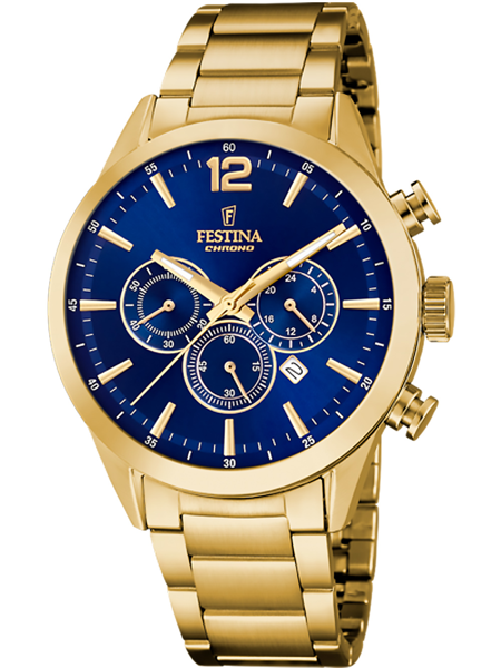 Festina ur med blå urskive, tre sub-dials, guldfarvet urkasse og metalkæde.