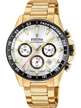 Festina ur med guldrem, hvid skive, tre kronografer, tachymeter og vandtæthed på 10 BAR.