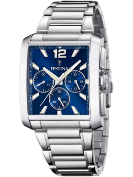 Festina herreur med blå rektangulær urskive, tre subdials og metalrem med poleret finish.