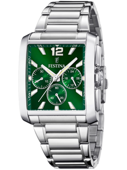 Festina ur med grøn rektangulær urskive, tre under-skiver og metallisk lænke.