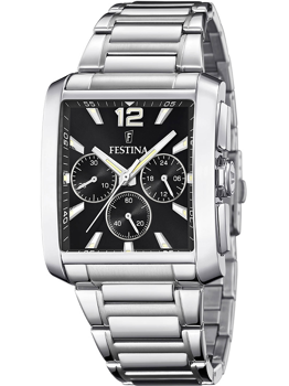 Festina ur med sort skive, sølvmarkører, tre subskiver og metalrem. Rektangulær urkasse.