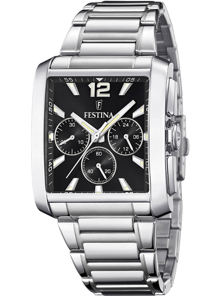 Festina ur med sort skive, sølvmarkører, tre subskiver og metalrem. Rektangulær urkasse.