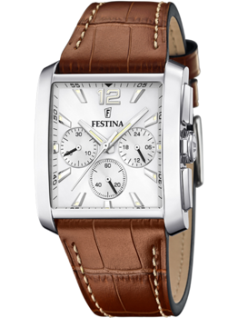 Festina herreur med rektangulær skive, tre sub-dials, sølv urkasse og brun læderrem med syninger.