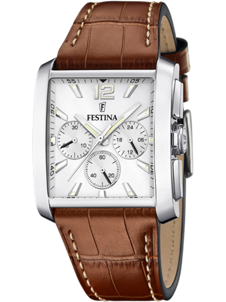 Festina herreur med rektangulær skive, tre sub-dials, sølv urkasse og brun læderrem med syninger.