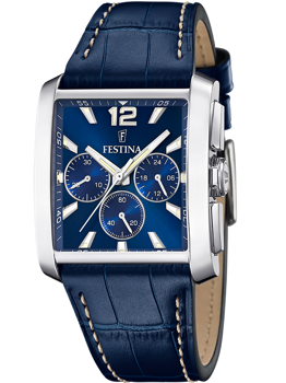 Festina ur med rektangulær kasse, blå urskive, tre suburskiver og blå tekstureret rem.