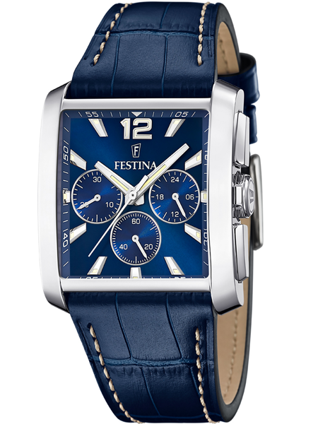 Festina ur med rektangulær kasse, blå urskive, tre suburskiver og blå tekstureret rem.