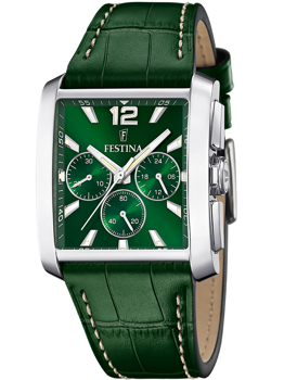 Festina ur med grøn urskive, sølvmarkeringer, tre kronografskiver og grøn rem med syninger.